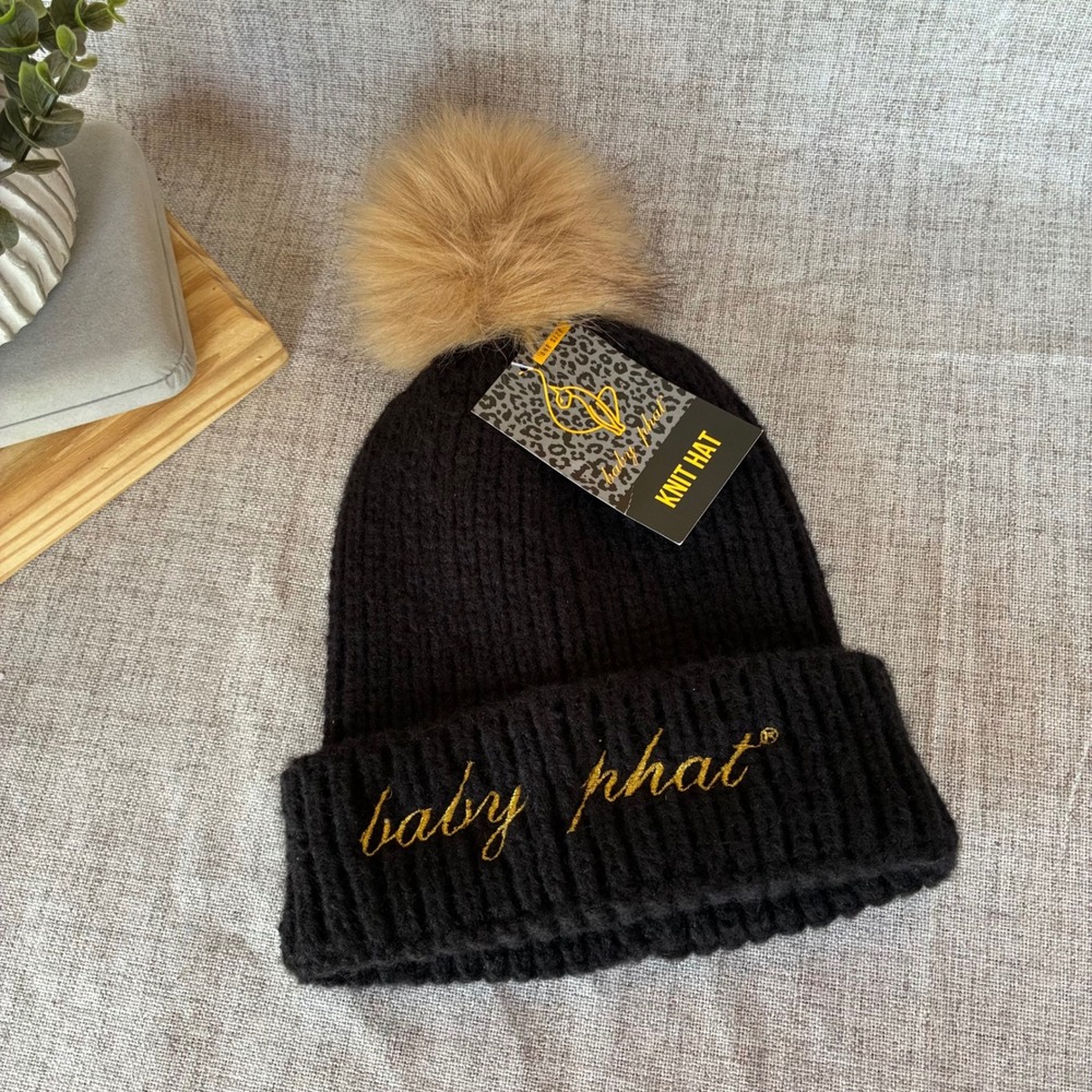 Baby Phat Knit Hat Beanie OS Black Gold Pom Pom Winter Streetwear New